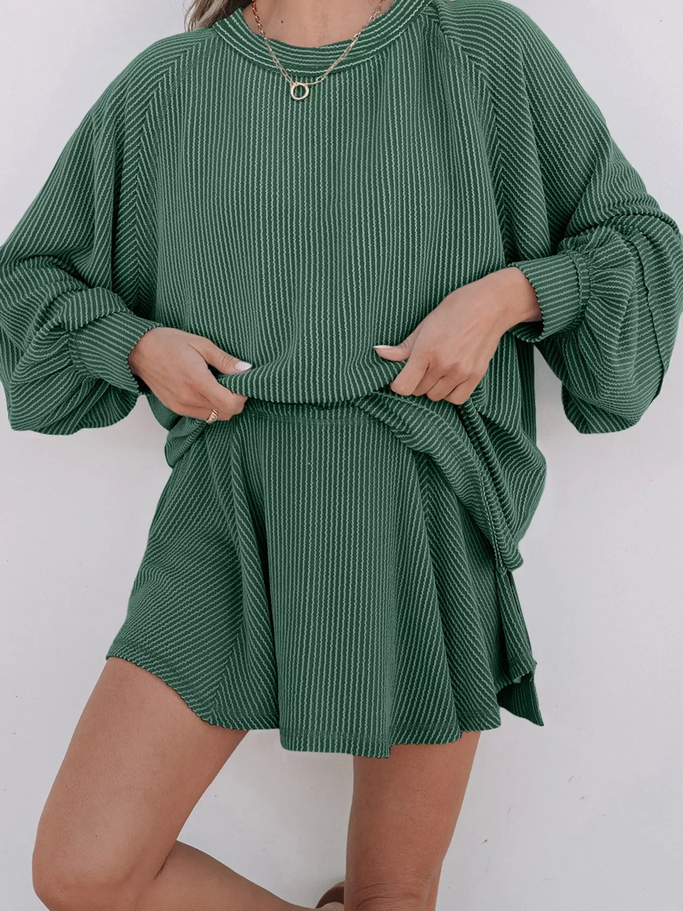 Hazel Blues® |  Corded Lantern Sleeve Top and High Waist Mini Skirt Set