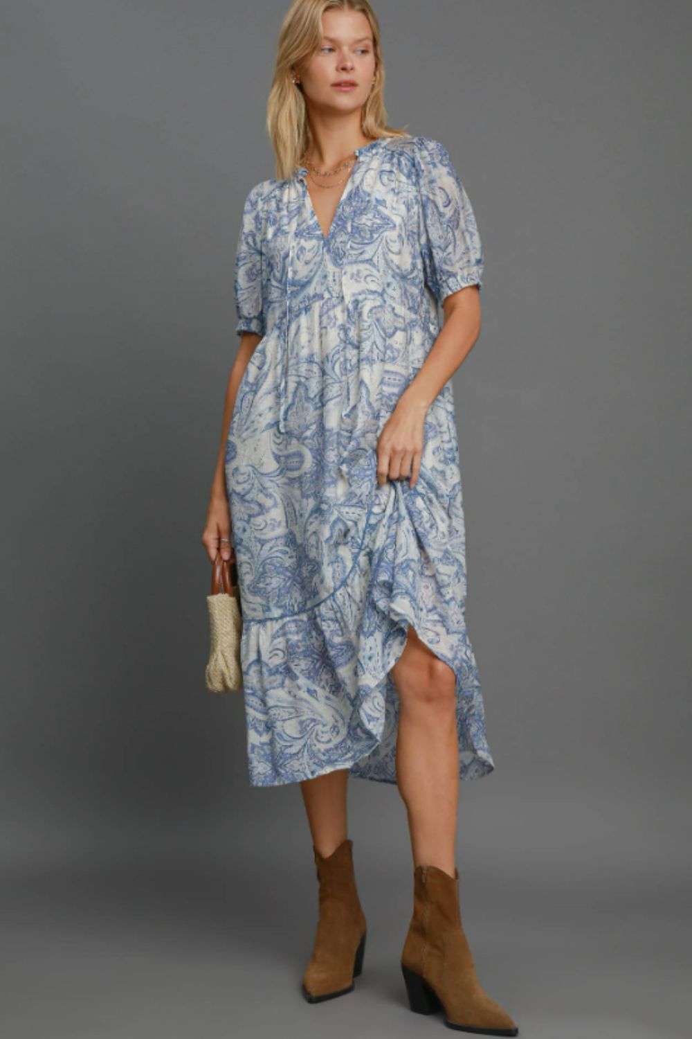 Hazel Blues® | Umgee Printed Puff Short Sleeve Midi Dress