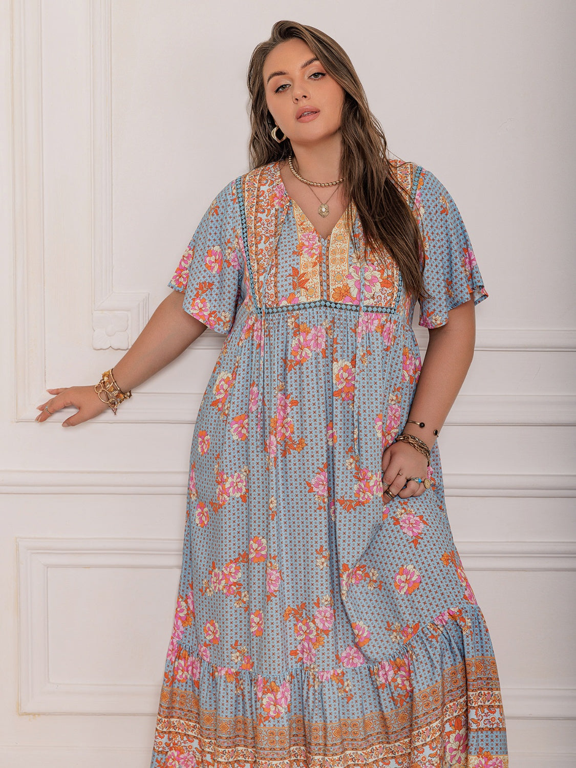 Hazel Blues® | Printed Tie Neck Flutter Sleeve Maxi Dress