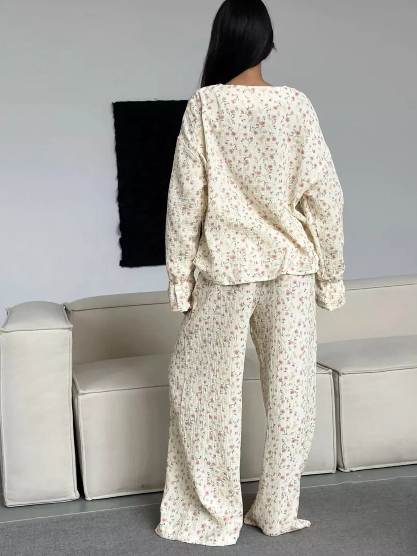 Hazel Blues® |  Floral Print Button-Down Top and Pants Lounge Set