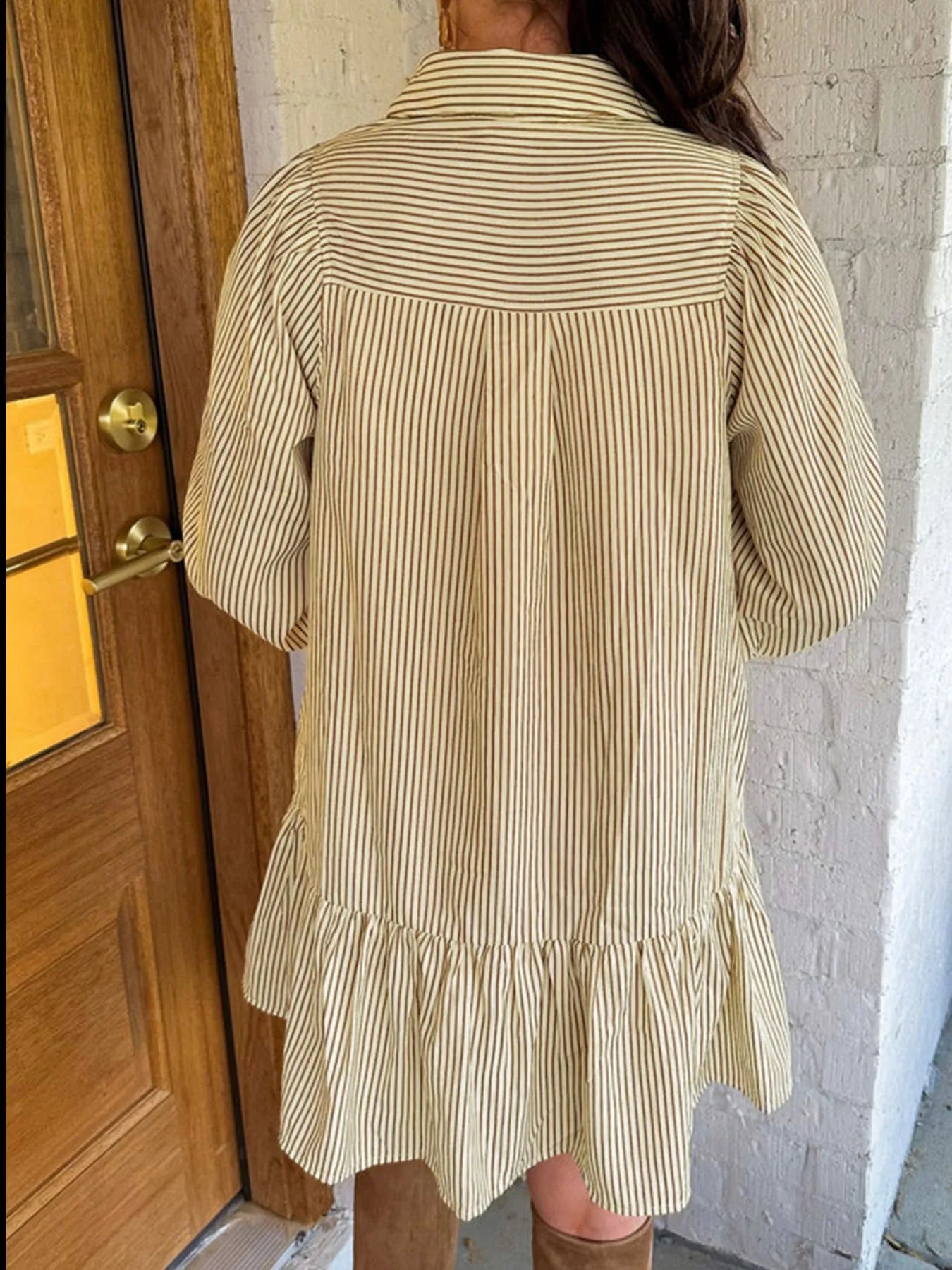Hazel Blues® |  Stripe Collared Neck Cuffed Long Sleeve Drop Waist Mini Dress