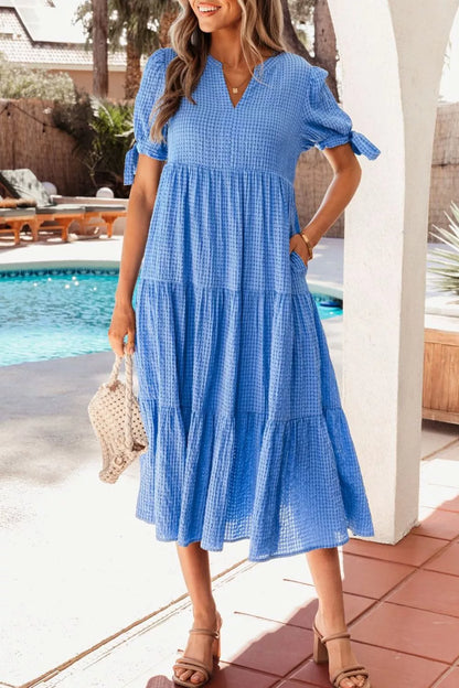 Hazel Blues® |  Notched Short Sleeve Tiered Midi Dress