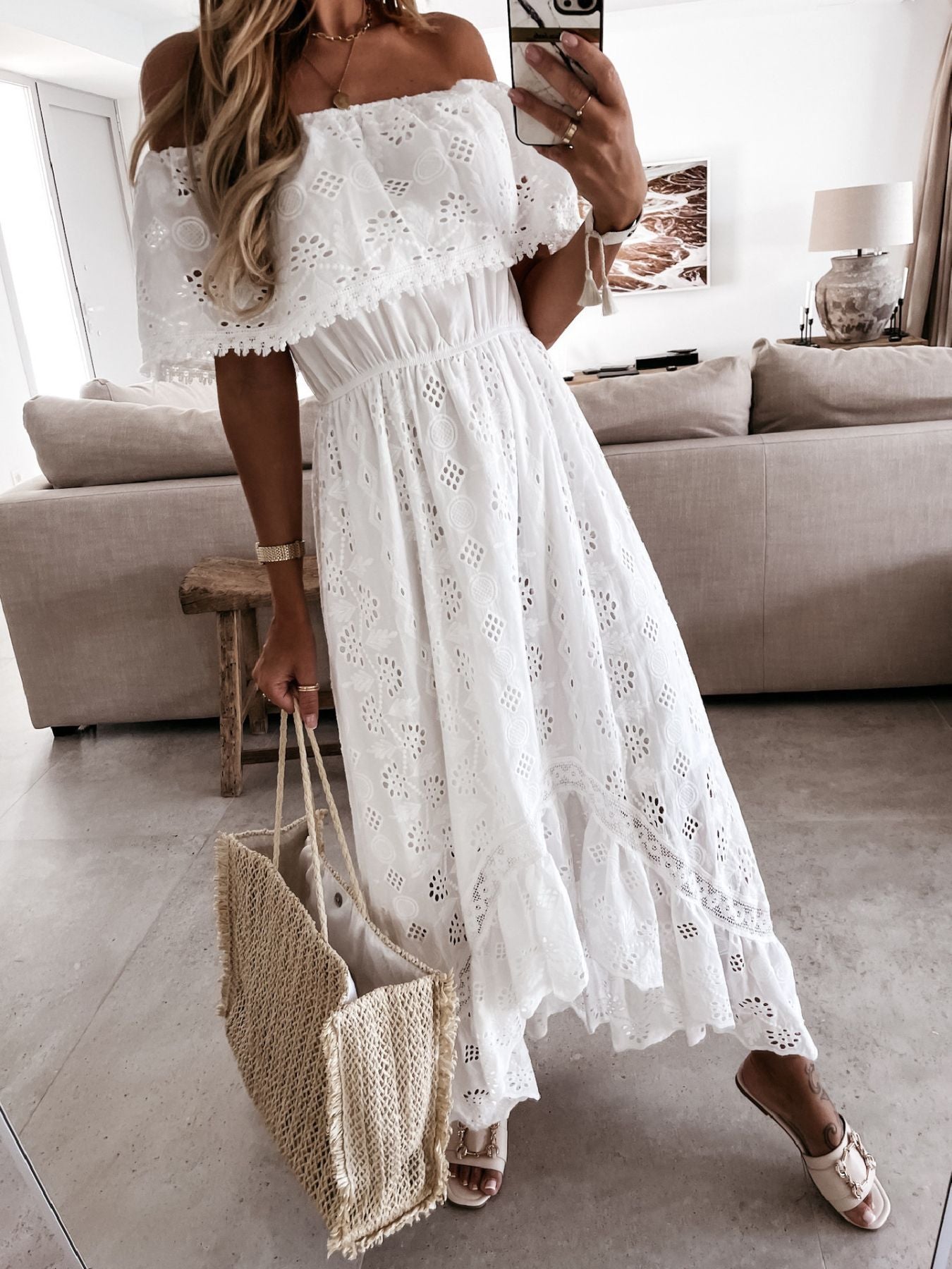 Hazel Blues® |  Off-Shoulder Eyelet Lace High-Low Maxi Dress