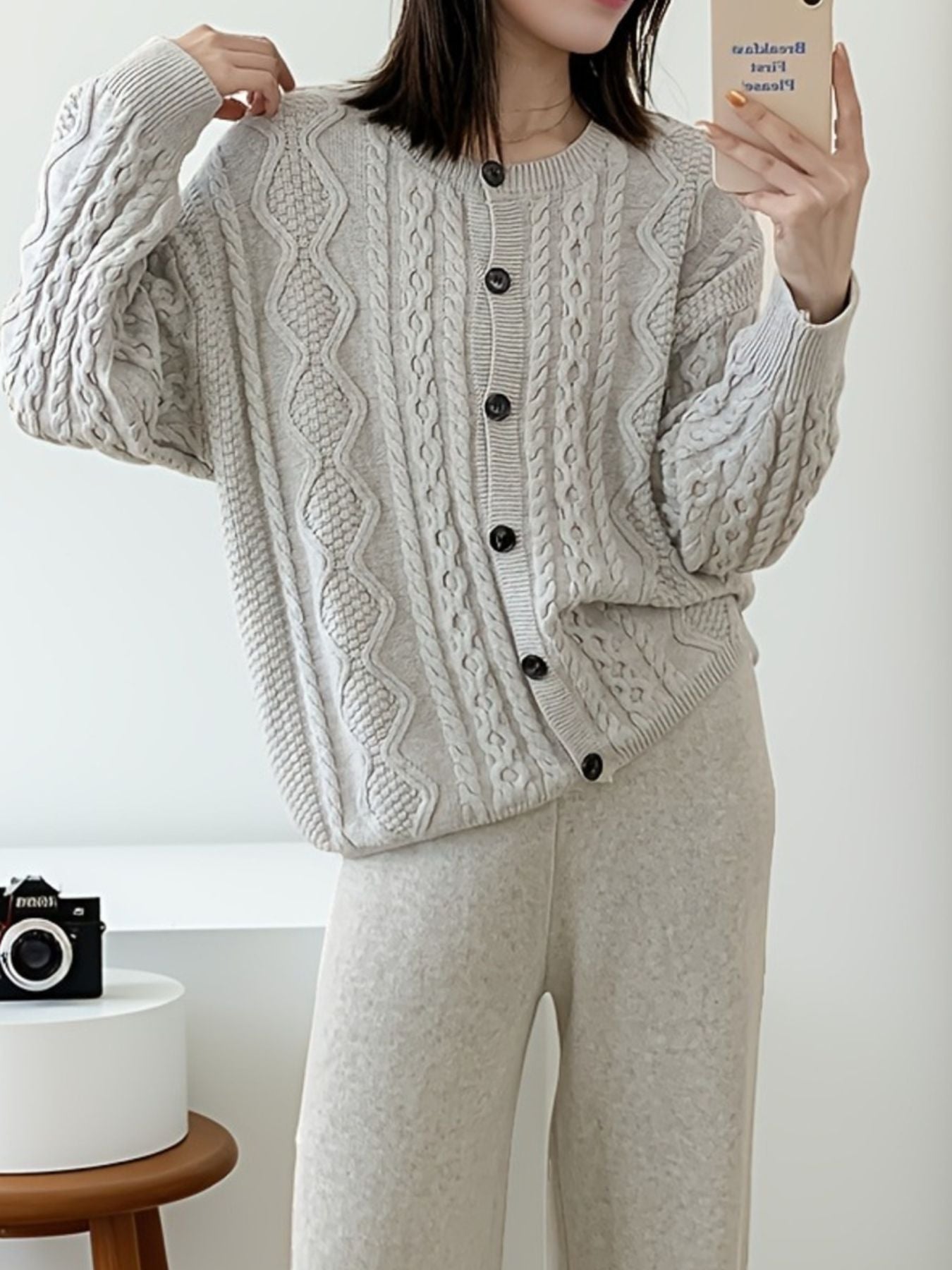 Hazel Blues® |  Cable Knit Cardigan & Wide Leg Pants Sweater Set