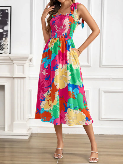 Hazel Blues® |  Smocked Printed Tie Shoulder Midi Dress