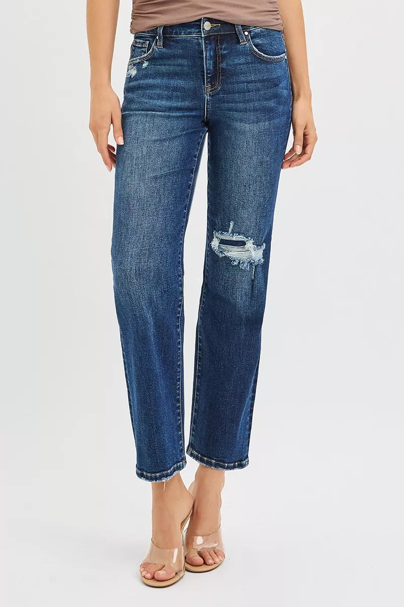 Hazel Blues® |  RISEN High Rise Crop Slim Straight Jenas with Hidden Knee Patch