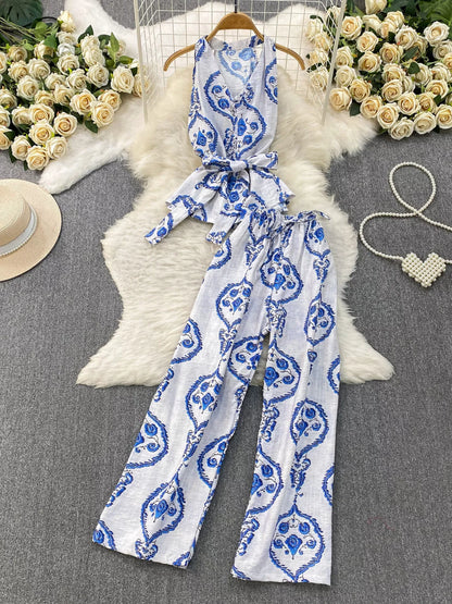 Hazel Blues® |  Printed Sleeveless Top and Wide Leg Pants Set