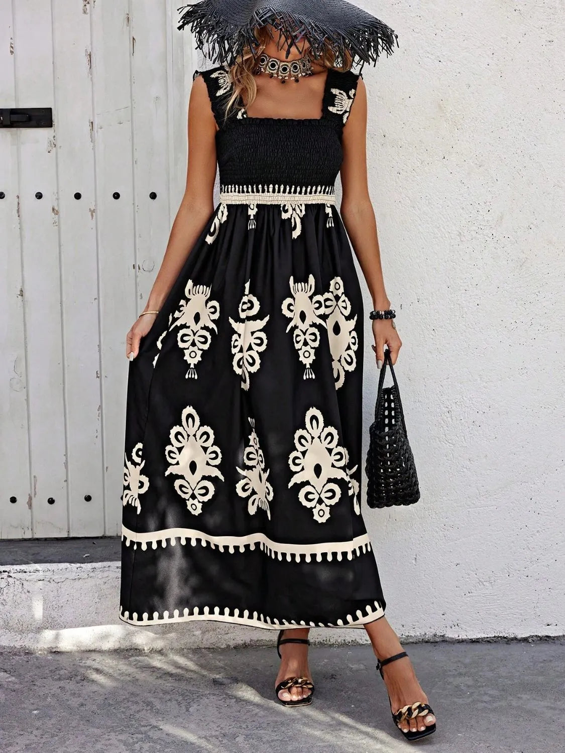 Hazel Blues® |  Smocked Printed Wide Strap Maxi Dress