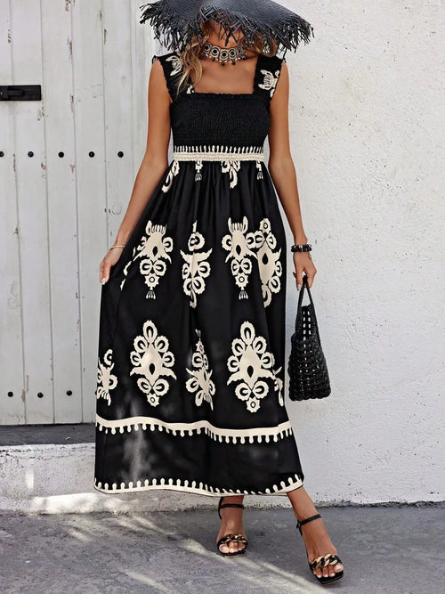 Hazel Blues® |  Smocked Printed Wide Strap Maxi Dress