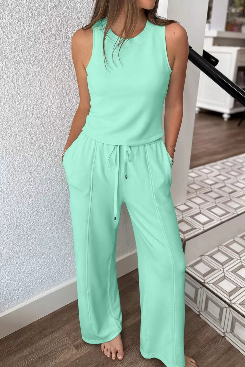 Hazel Blues® |  Drawstring Elastic Waistband Solid Color Two Piece Casual Set