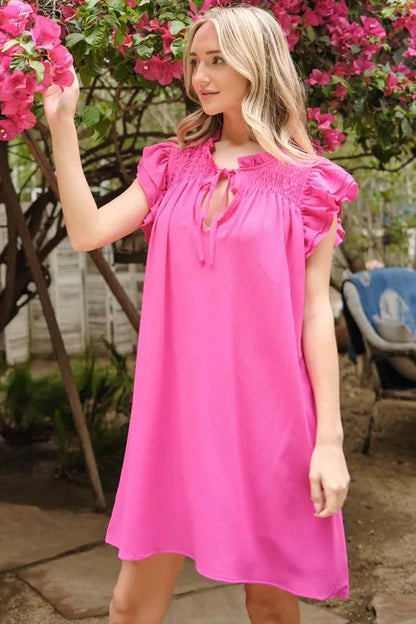 Hazel Blues® |  And The Why Ruffle Shoulder Smocked Detailed Dress