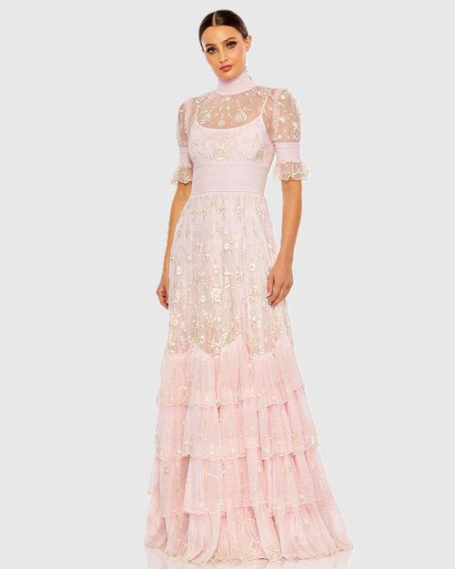 Pink Floral Embroidered Smock Neck Tiered Ruffle Dress