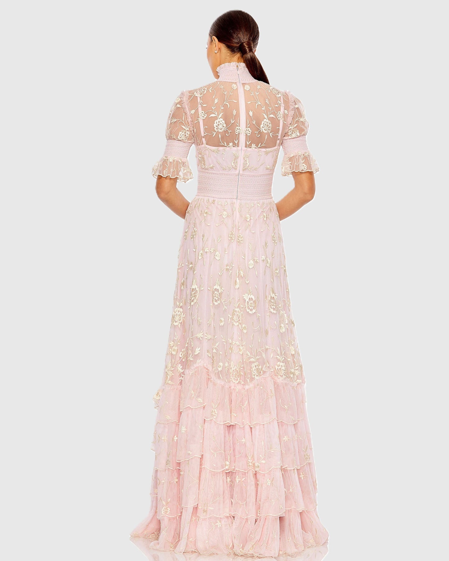 Pink Floral Embroidered Smock Neck Tiered Ruffle Dress