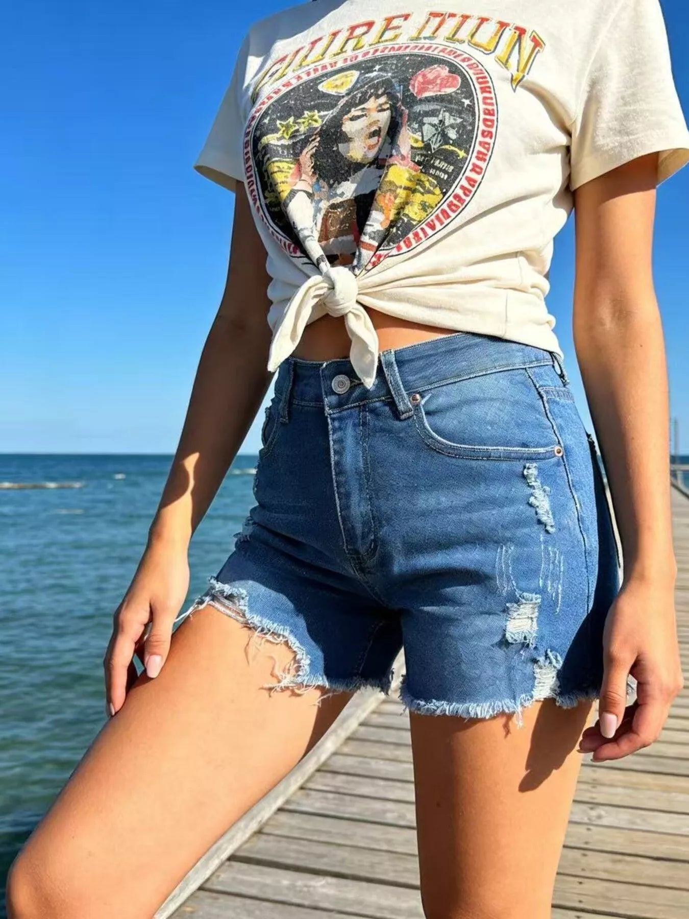 Hazel Blues® |  Distressed Frayed Hem Denim Shorts