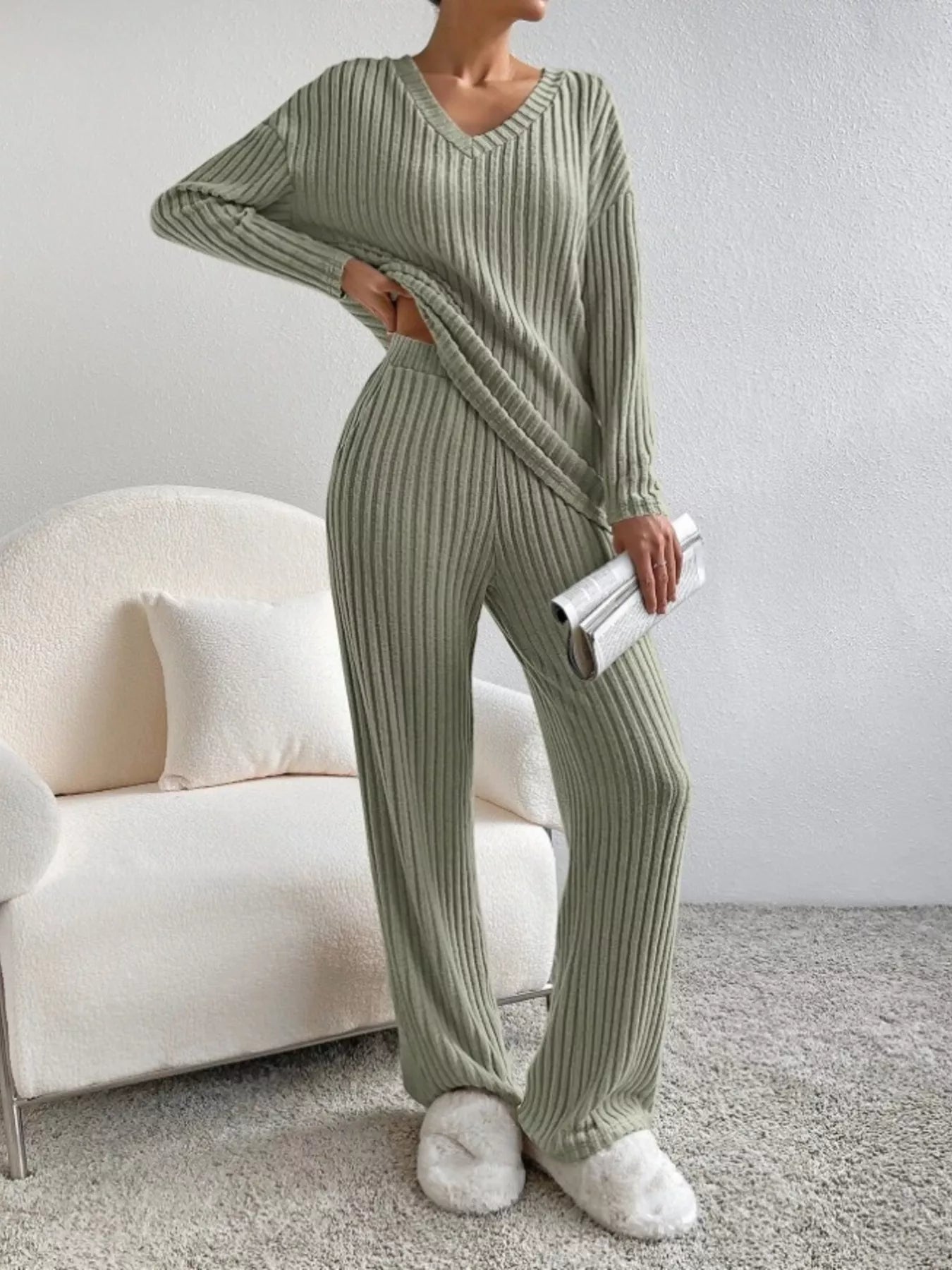 Hazel Blues® |  Ribbed Knit V-Neck Top and Pants Set