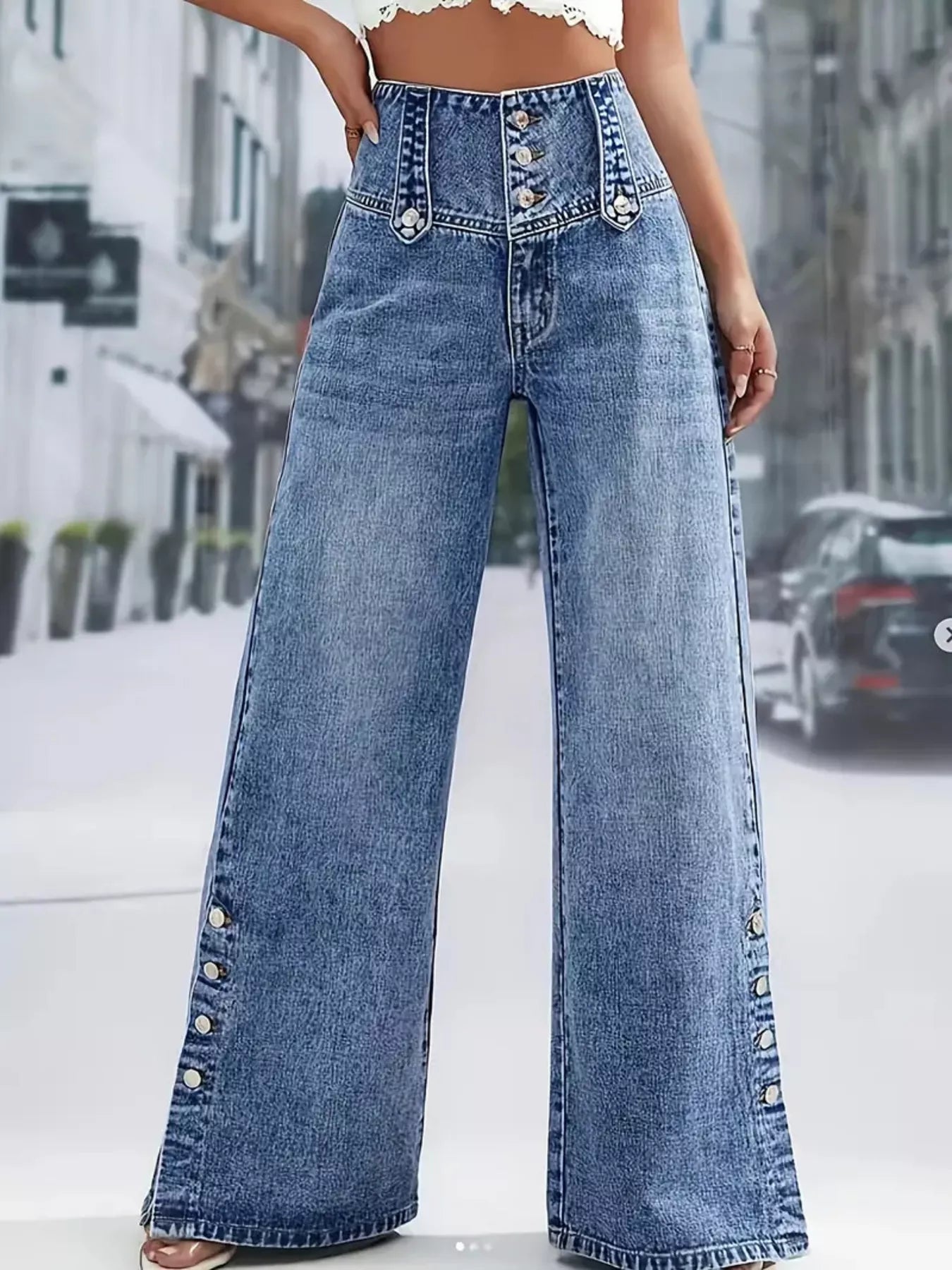 Hazel Blues® |  High Waist Button Decor Wide Leg Jeans