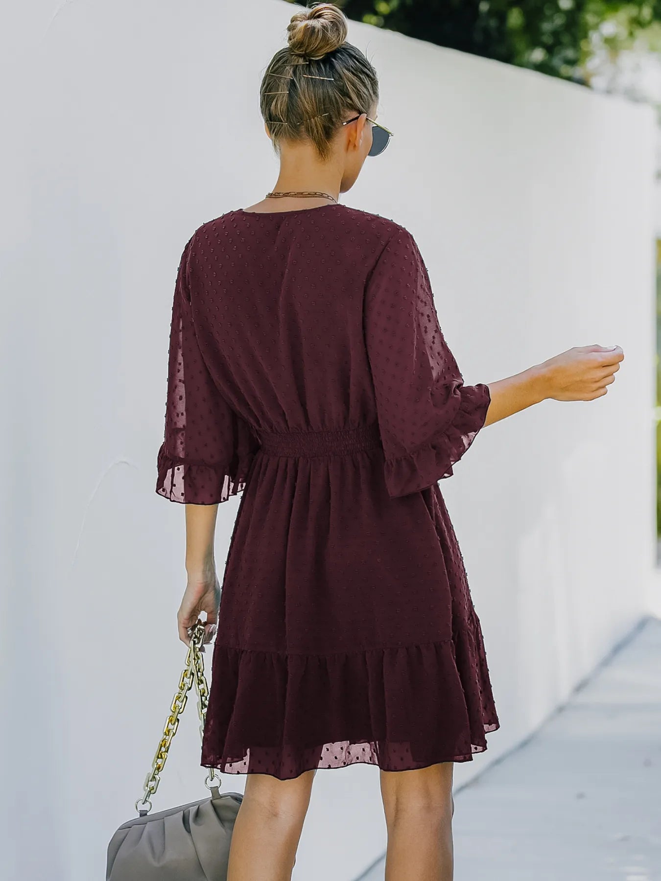 Hazel Blues® |  Swiss Dot Flare Sleeve Wrap Mini Dress