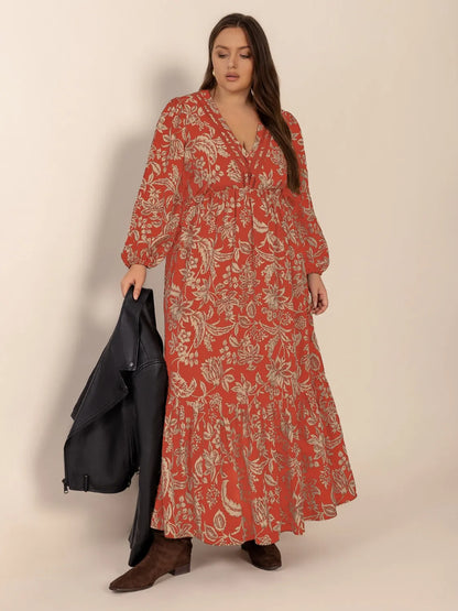 Hazel Blues® | Lace Detail Printed Balloon Sleeve Midi Dress