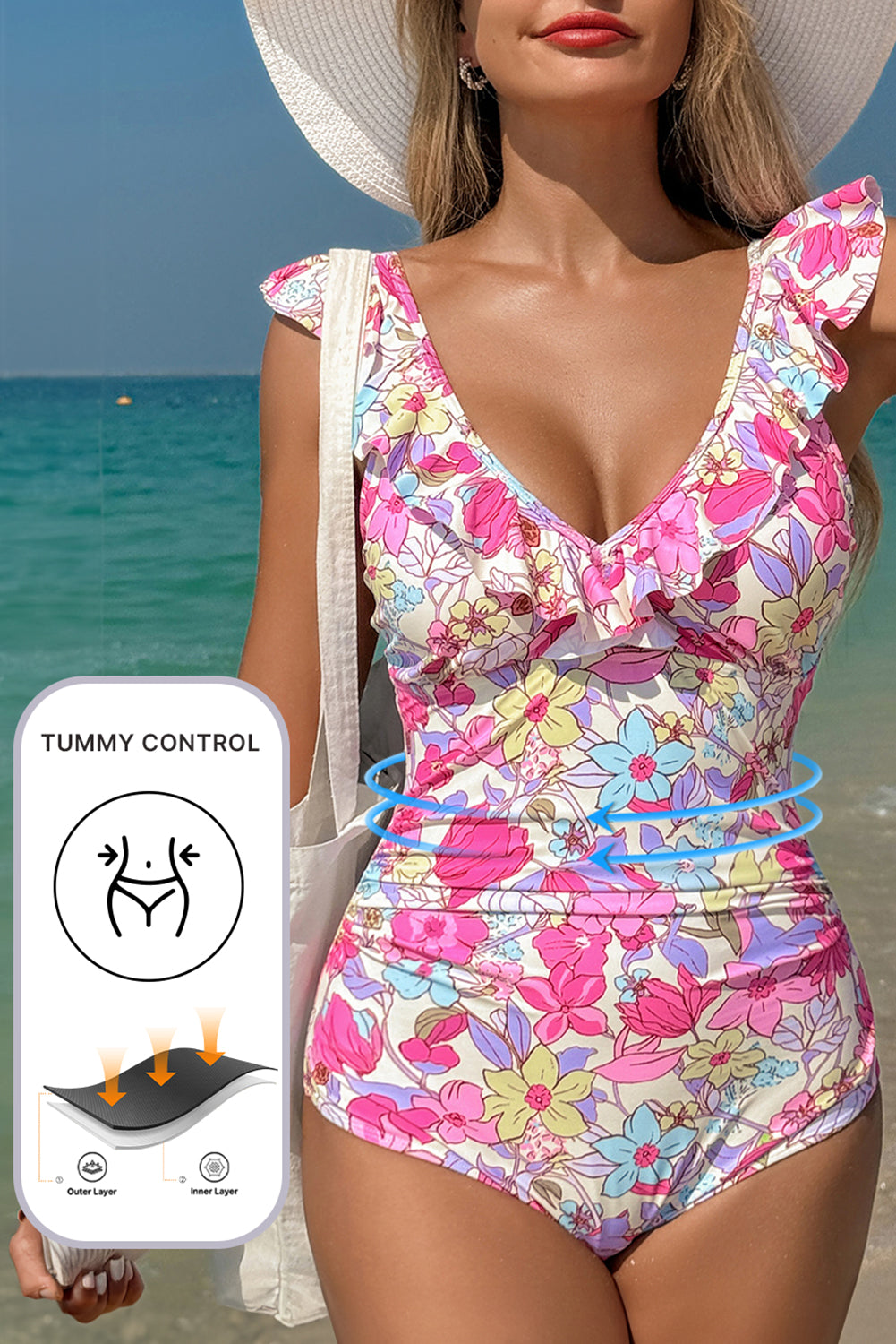 Hazel Blues® | Pink Floral Ruffle Trim V Neck Lace-up Back Tummy Control One Piece Swimsuit