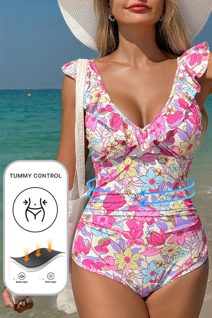 Hazel Blues® | Pink Floral Ruffle Trim V Neck Lace-up Back Tummy Control One Piece Swimsuit