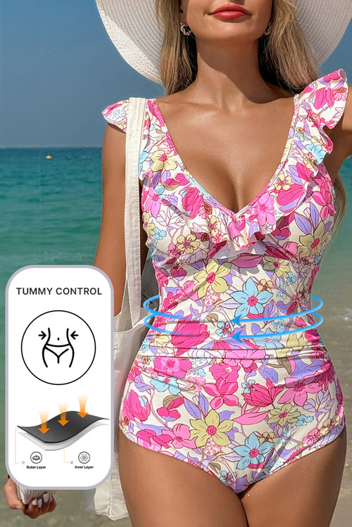 Hazel Blues® | Pink Floral Ruffle Trim V Neck Lace-up Back Tummy Control One Piece Swimsuit