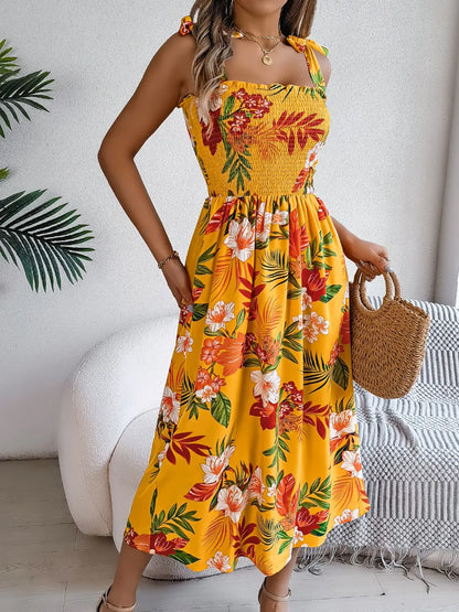 Hazel Blues® |  Smocked Floral Tie Shoulder Midi Dress