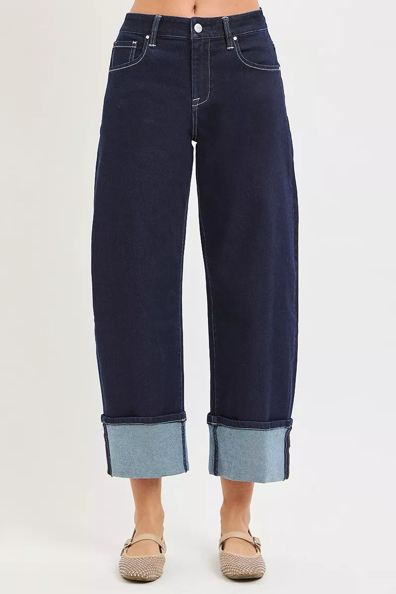 Hazel Blues® |  RISEN Slouchy Crop Barrel Cuffed Hem Jeans