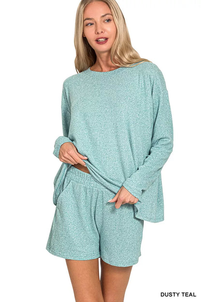 Hazel Blues® |  Zenana Soft Melange Long Sleeve Tee and Shorts Set
