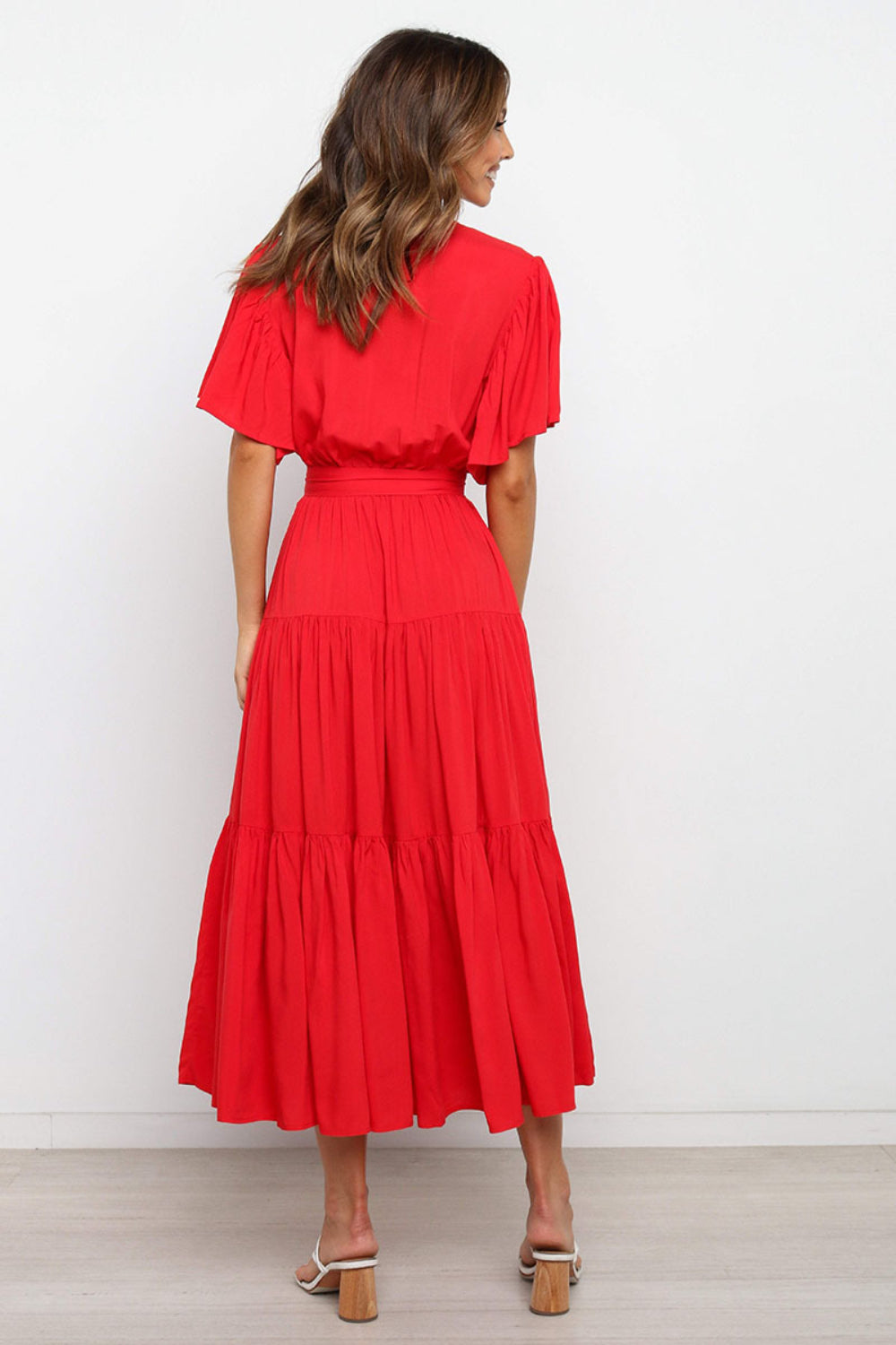Hazel Blues® |  Front Tie Short Sleeve Tiered Midi Dress