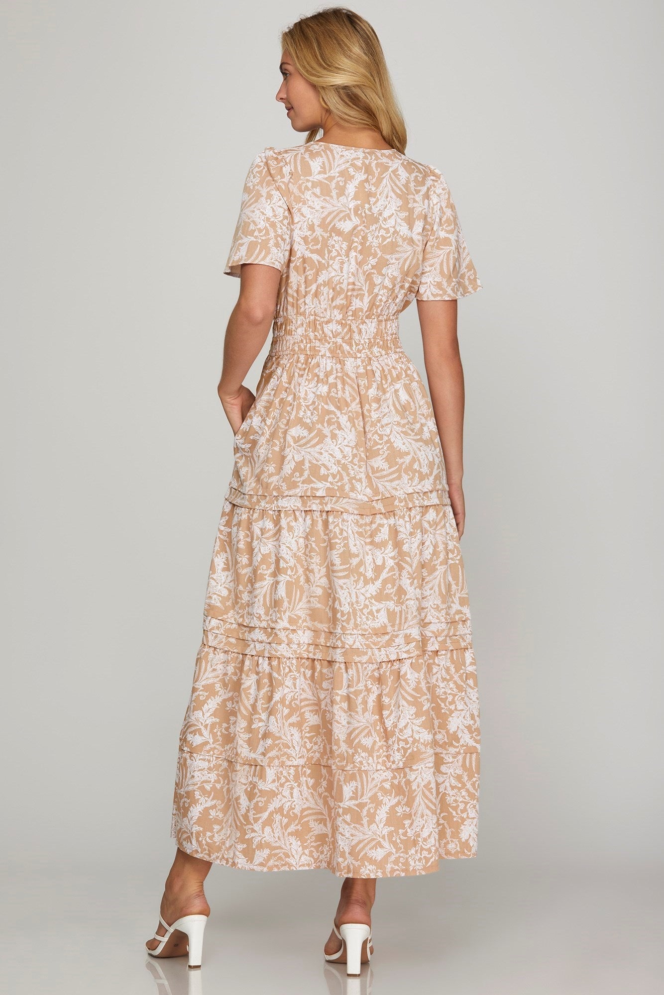 Hazel Blues® |  She + Sky Printed Notched Woven Tiered Pintuck Maxi Dress with Side Pockets