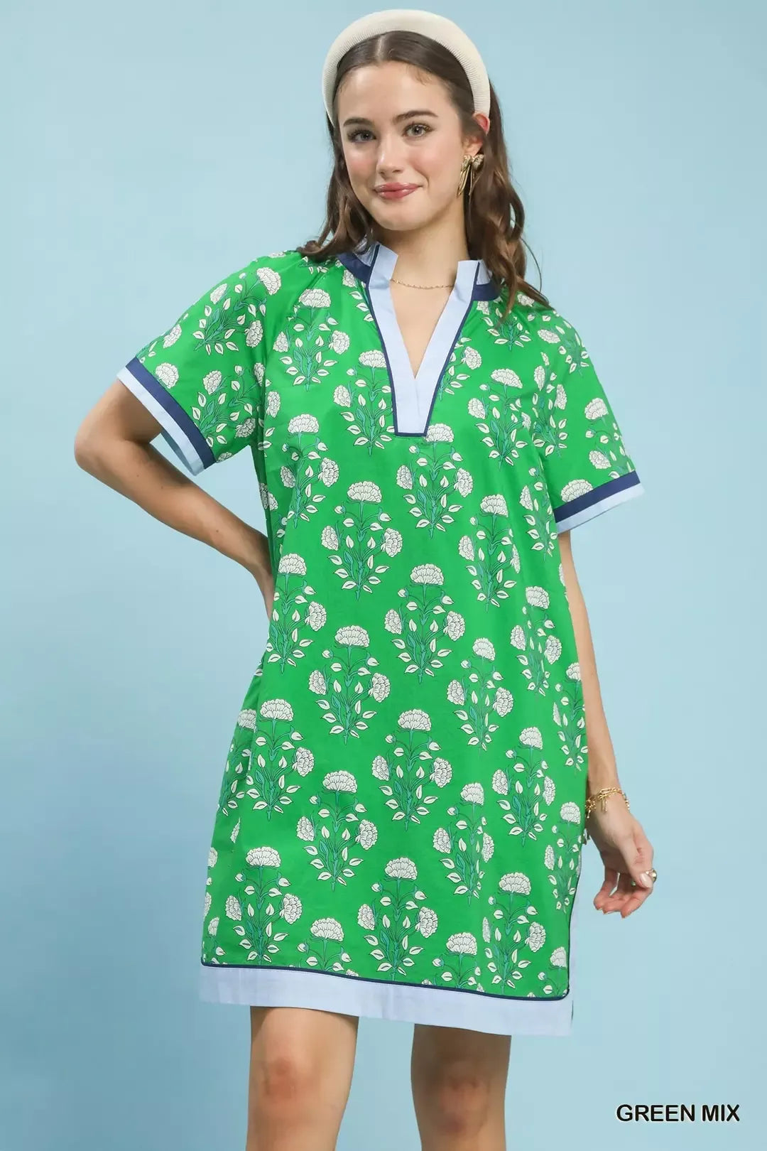 Hazel Blues® |  Umgee Printed Split Neck Short Sleeve Shift Dress