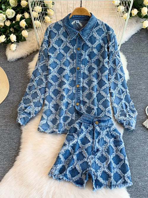 Hazel Blues® |  Distressed Diamond Pattern Jacket and Shorts Denim Set