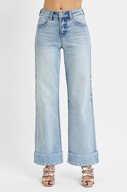 Hazel Blues® | RISEN Tummy Control High Rise Ankle Wide Cuffed Jeans