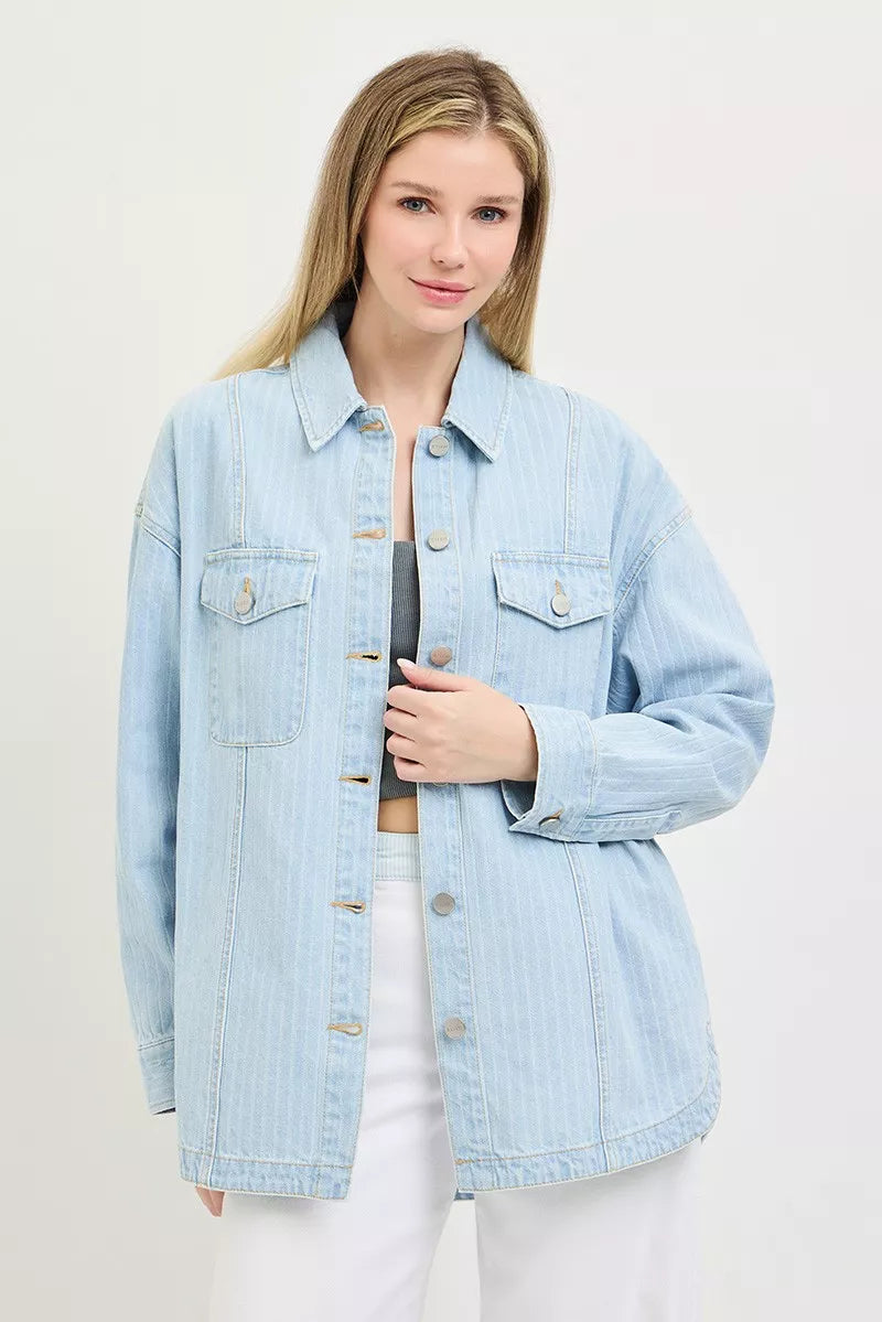 Hazel Blues® |  RISEN Oversized Stripe Denim Shaket