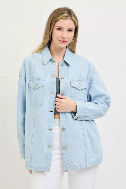 Hazel Blues® |  RISEN Oversized Stripe Denim Shaket