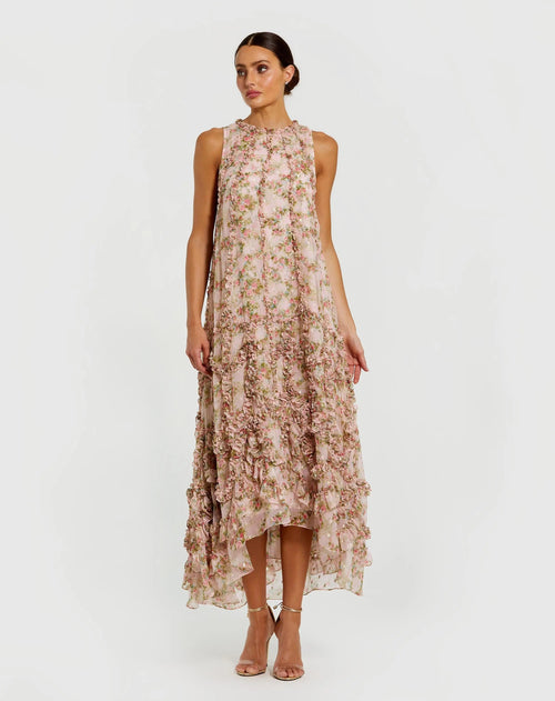 Pink Sleeveless Floral Micro Ruffle Trapeze Midi Dress