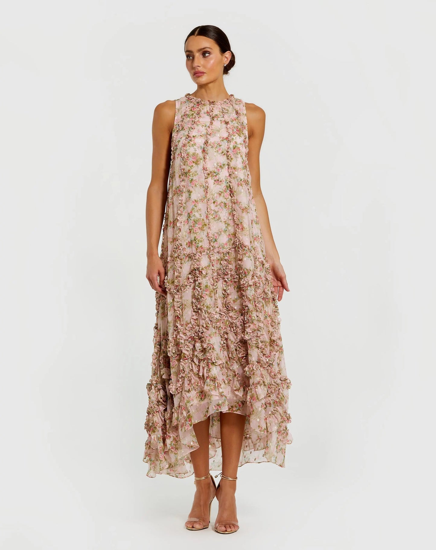 Pink Sleeveless Floral Micro Ruffle Trapeze Midi Dress