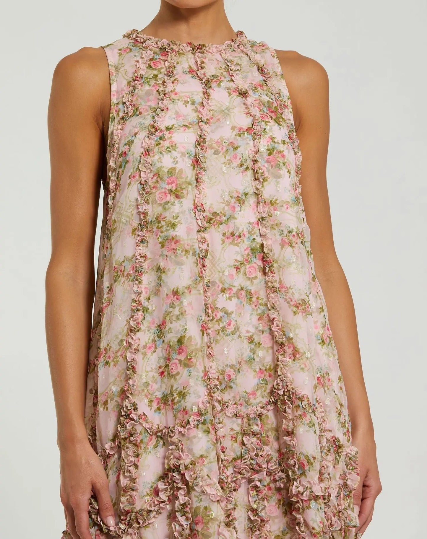 Pink Sleeveless Floral Micro Ruffle Trapeze Midi Dress