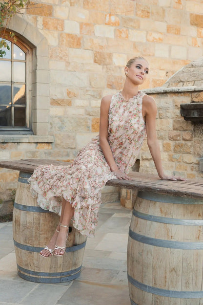 Pink Sleeveless Floral Micro Ruffle Trapeze Midi Dress