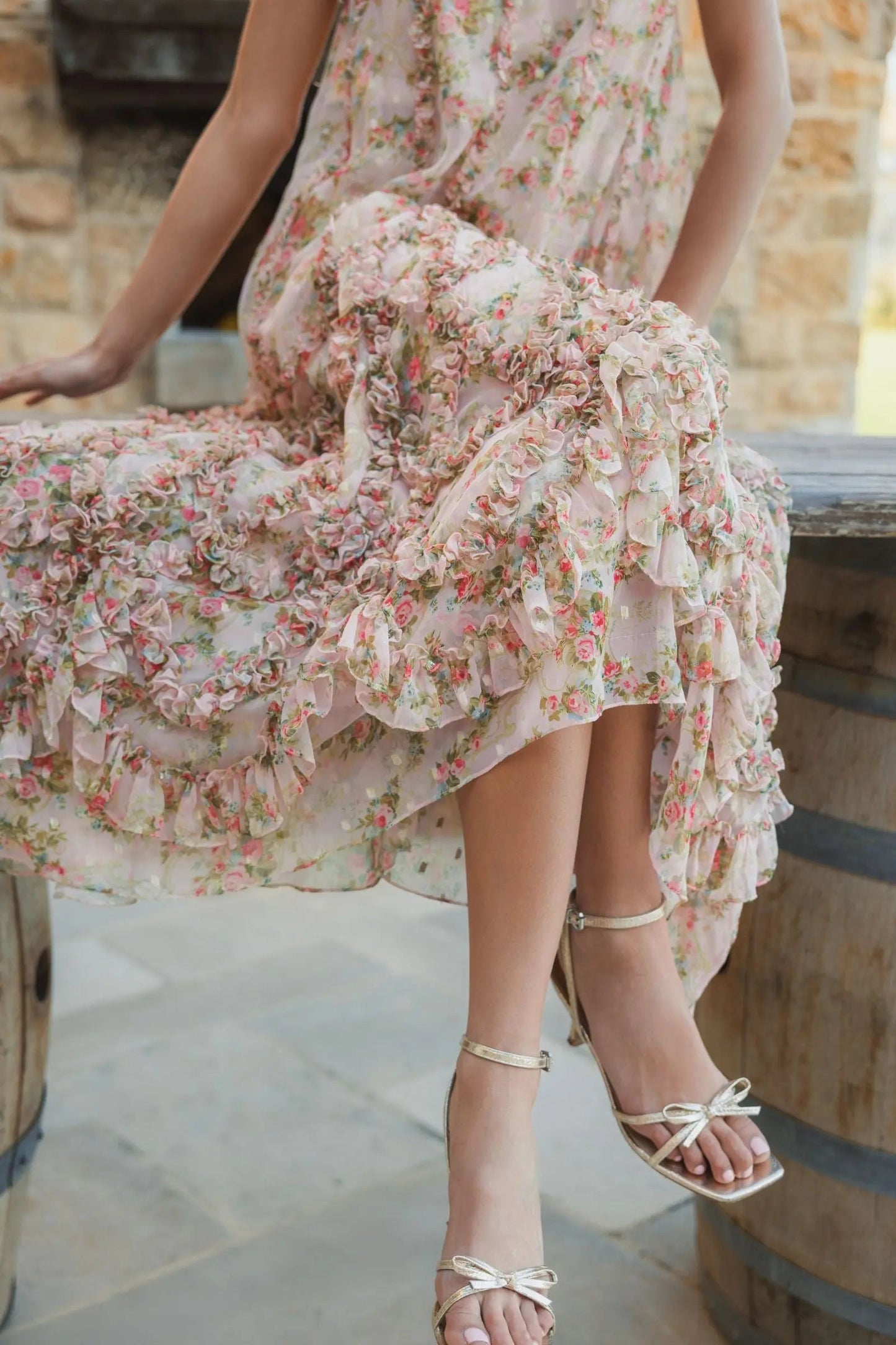 Pink Sleeveless Floral Micro Ruffle Trapeze Midi Dress