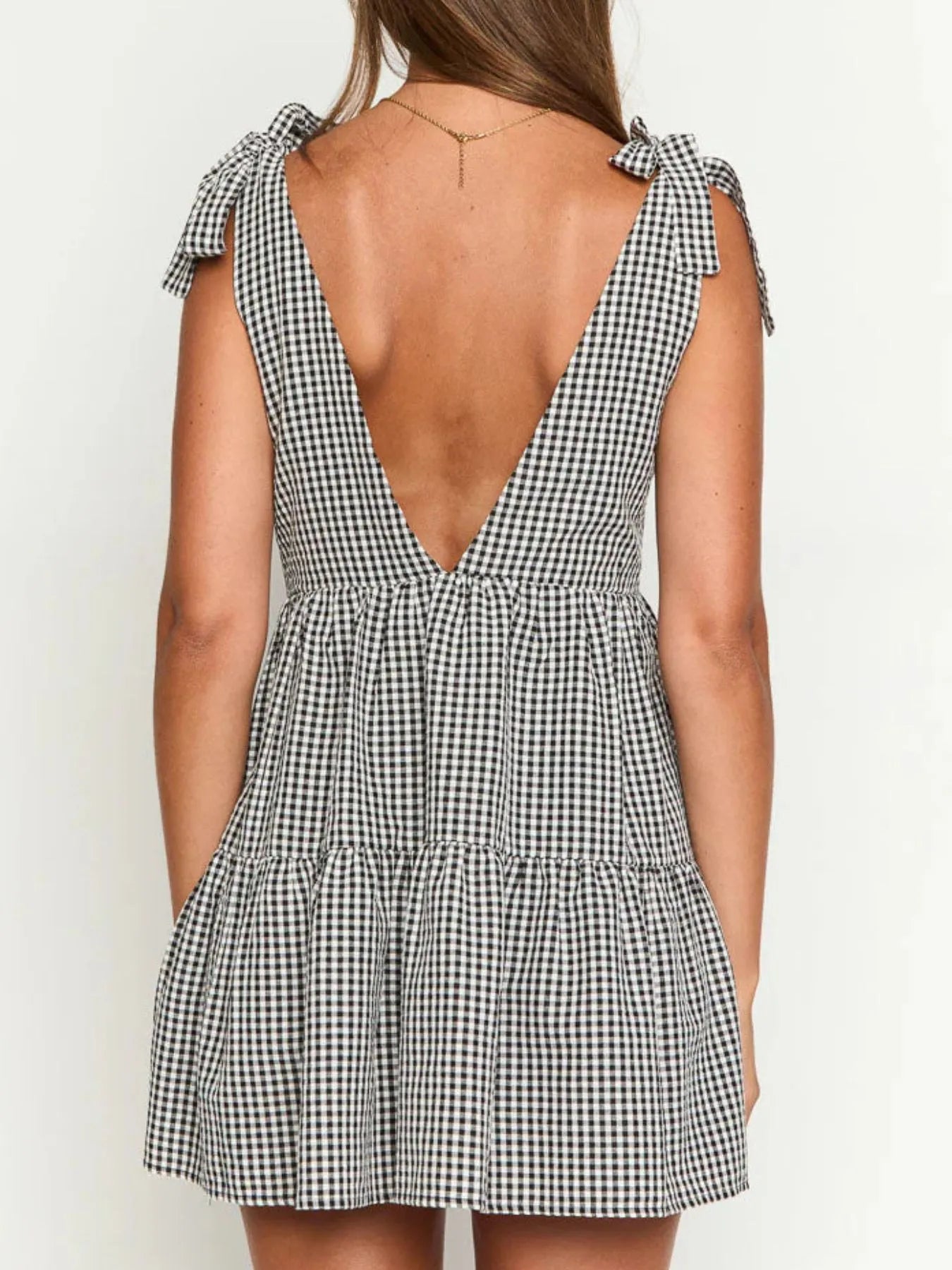 Hazel Blues® |  Gingham Tie Shoulder Mini Dress