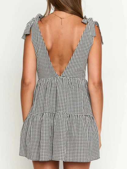 Hazel Blues® |  Gingham Tie Shoulder Mini Dress