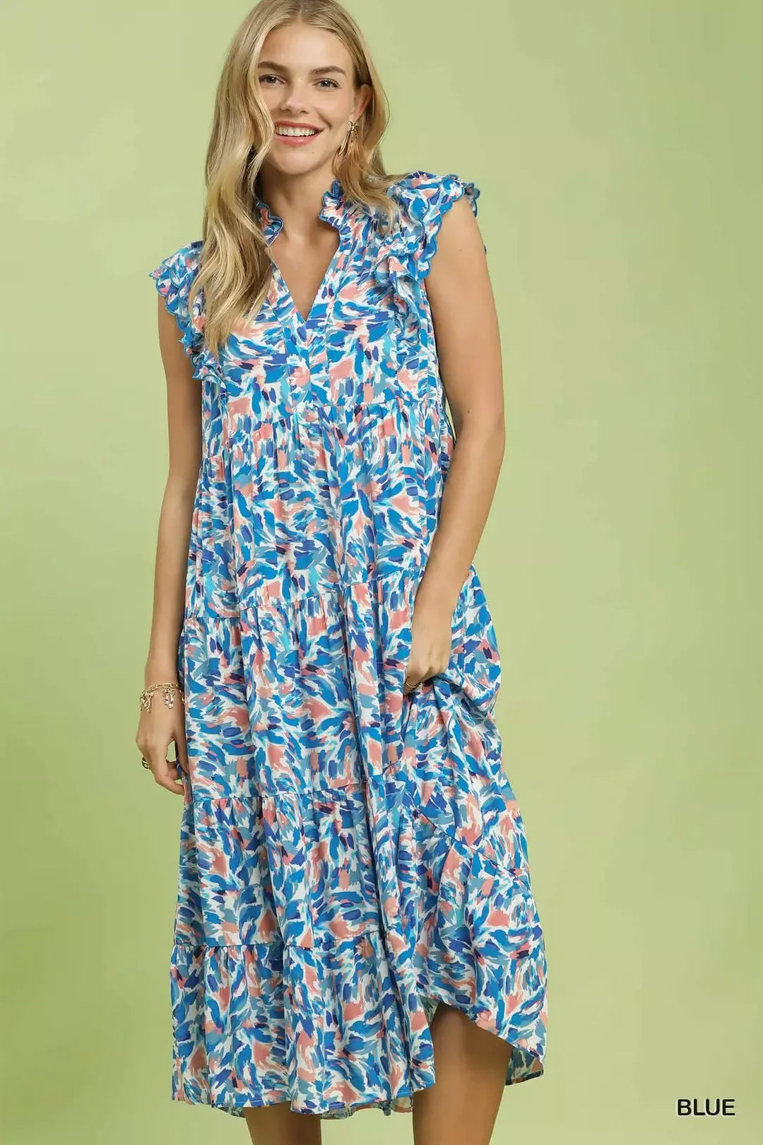 Hazel Blues® |  Umgee Leaf Print Midi Tiered Dress with Side Pockets