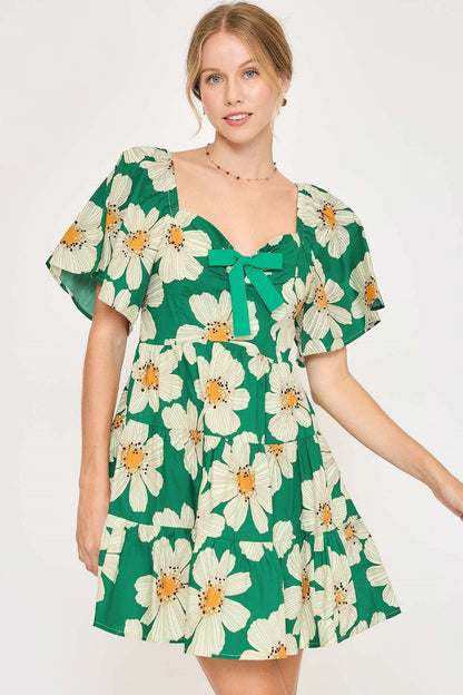 Hazel Blues® | Umgee Daisy Print Mini Dress with Ribbon Details