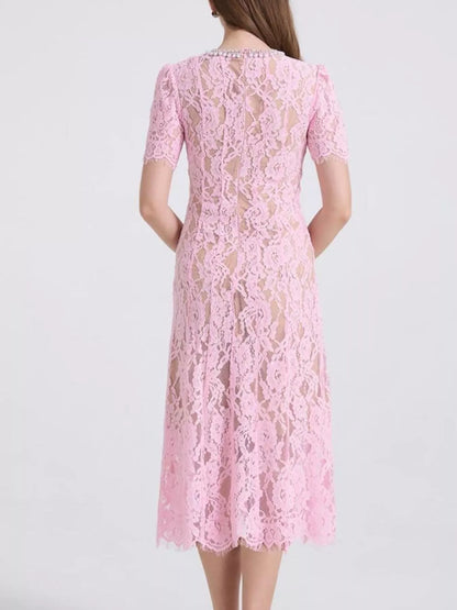 Hazel Blues® |  Lace Pearl Neckline Midi Dress