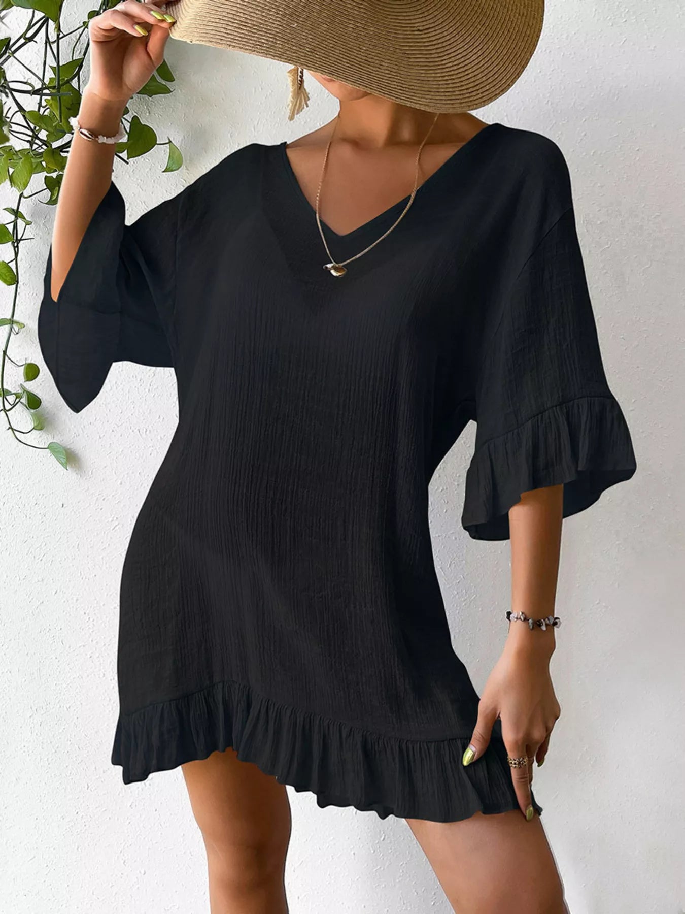 Hazel Blues® | Ruffle Trim Butterfly Back V-Neck Cover-Up Dress