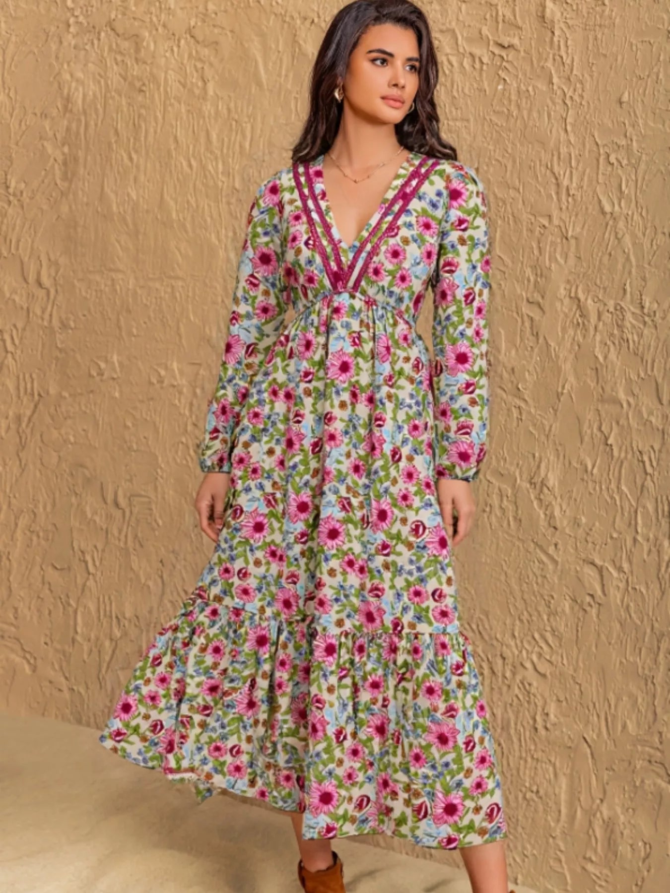 Hazel Blues® |  Floral Print V-Neck Bohemian Midi Dress