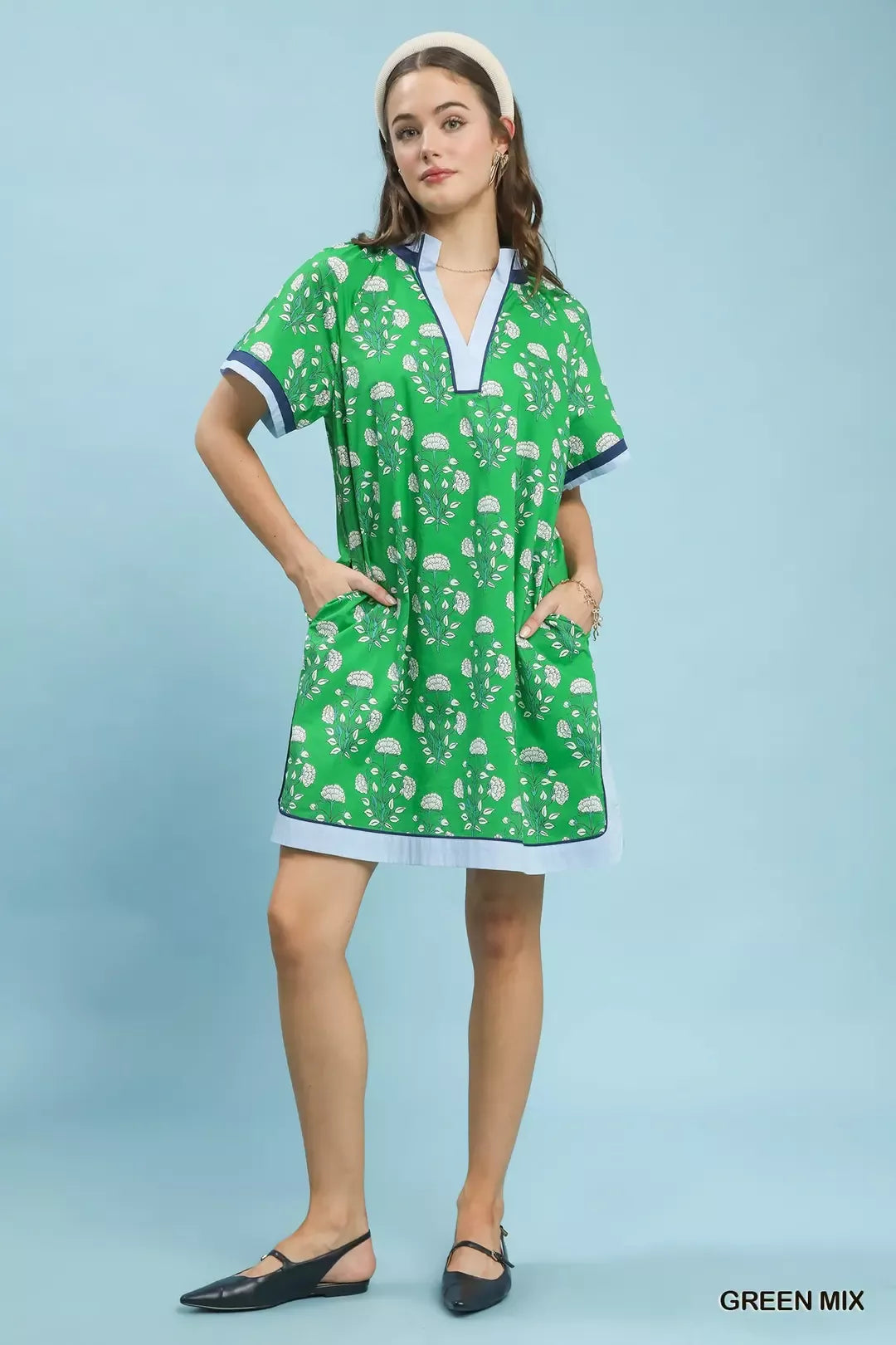 Hazel Blues® |  Umgee Printed Split Neck Short Sleeve Shift Dress