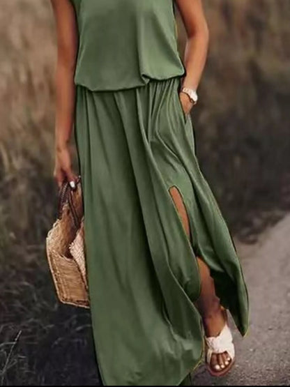 Hazel Blues® | Round Neck Sleeveless Slit Maxi Dress