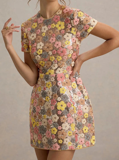 Hazel Blues® |  Floral Sequin Short Sleeve Mini Dress